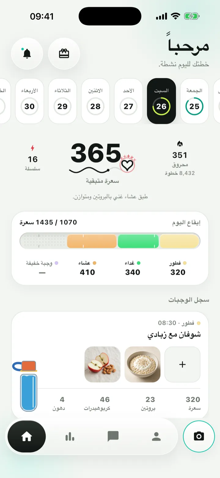 الشاشة الرئيسية في MyDietLens: السعرات المتبقية وإيقاع اليوم والوجبات