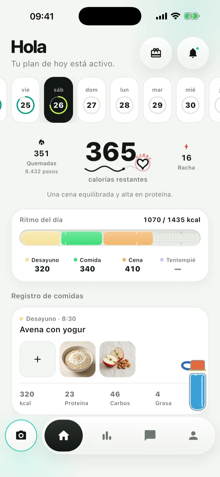 Pantalla de inicio de MyDietLens: calorías restantes, ritmo del día y comidas